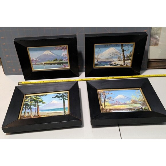 Set Of 4 Hand-Painted Mount Fuji Seasonal Scenes in Black & Gold Wooden Frames - Picture 15 of 16